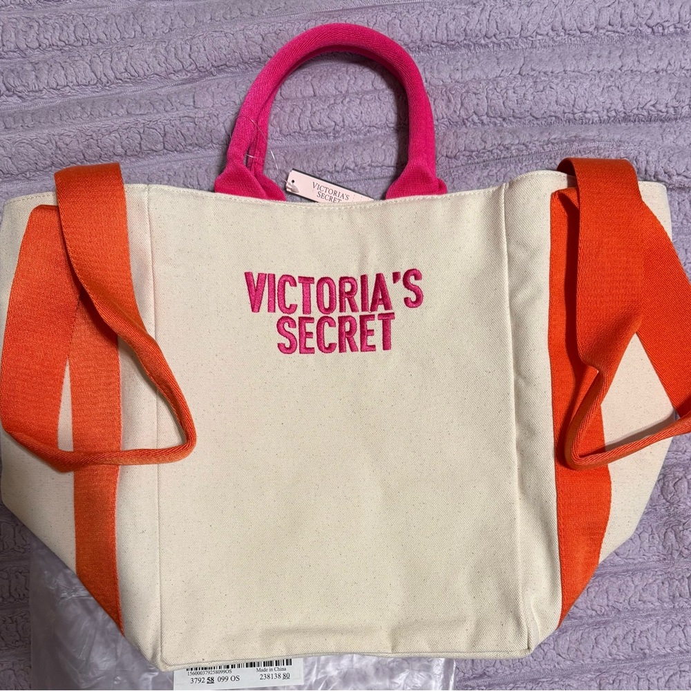 Victoria's Secret Cream Tote with Pink and Orange Accents